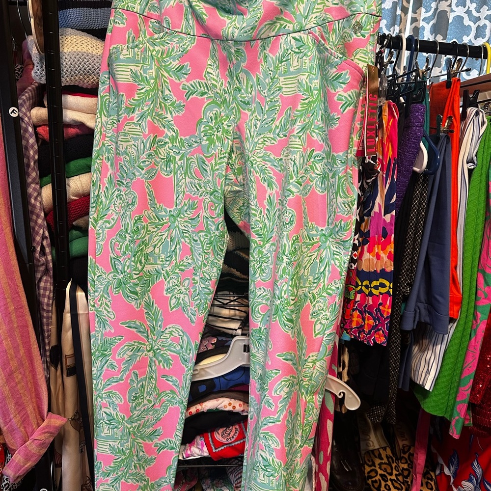 Women's Pink and Green Leaf Print Pants